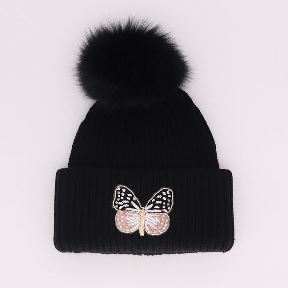 NWT - Yves Salomon Butterfly Knit Pom Beanie - Black❄️? main image 8